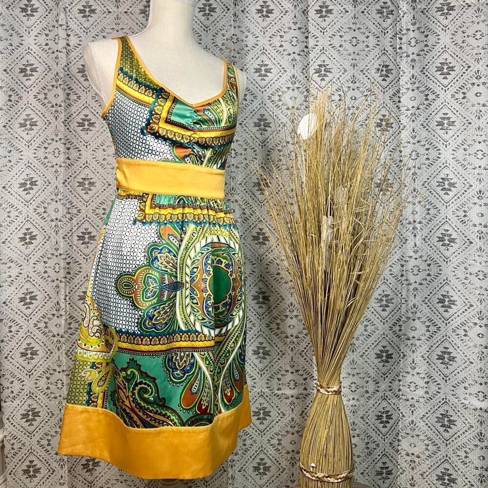 Forever 21 Boho Paisley Print Satin Dress Yellow and Green Small - Picture 2 of 5